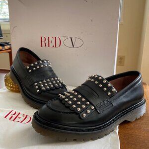 Red Valentino RED(V) women's black leather studded leather loafers (39)